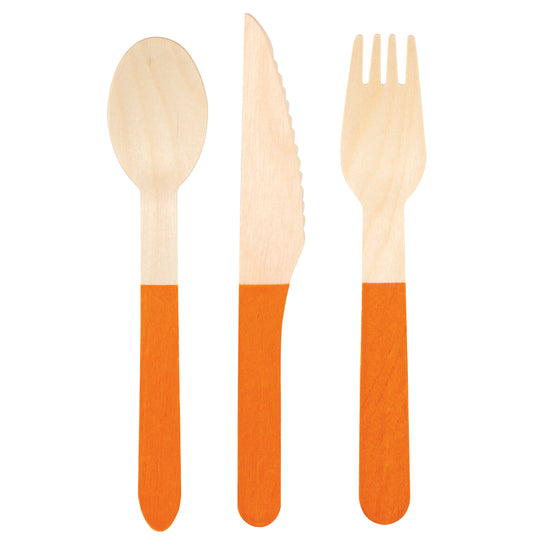 Orange Disposable Wooden Cutlery Set for 4 Guests