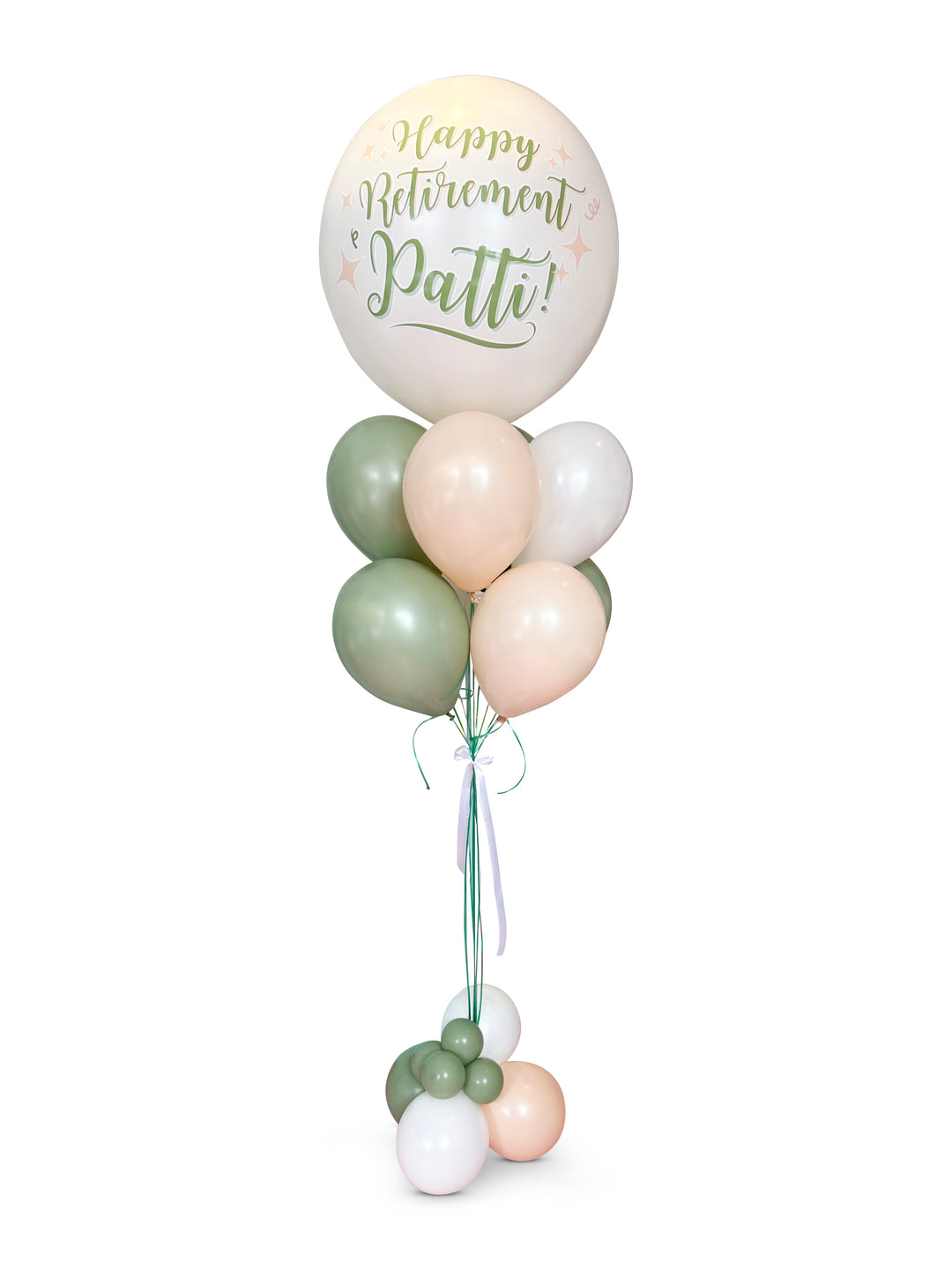 Jumbo custom logo/message balloons bouquet w/bubble cluster weight and thick ribbon