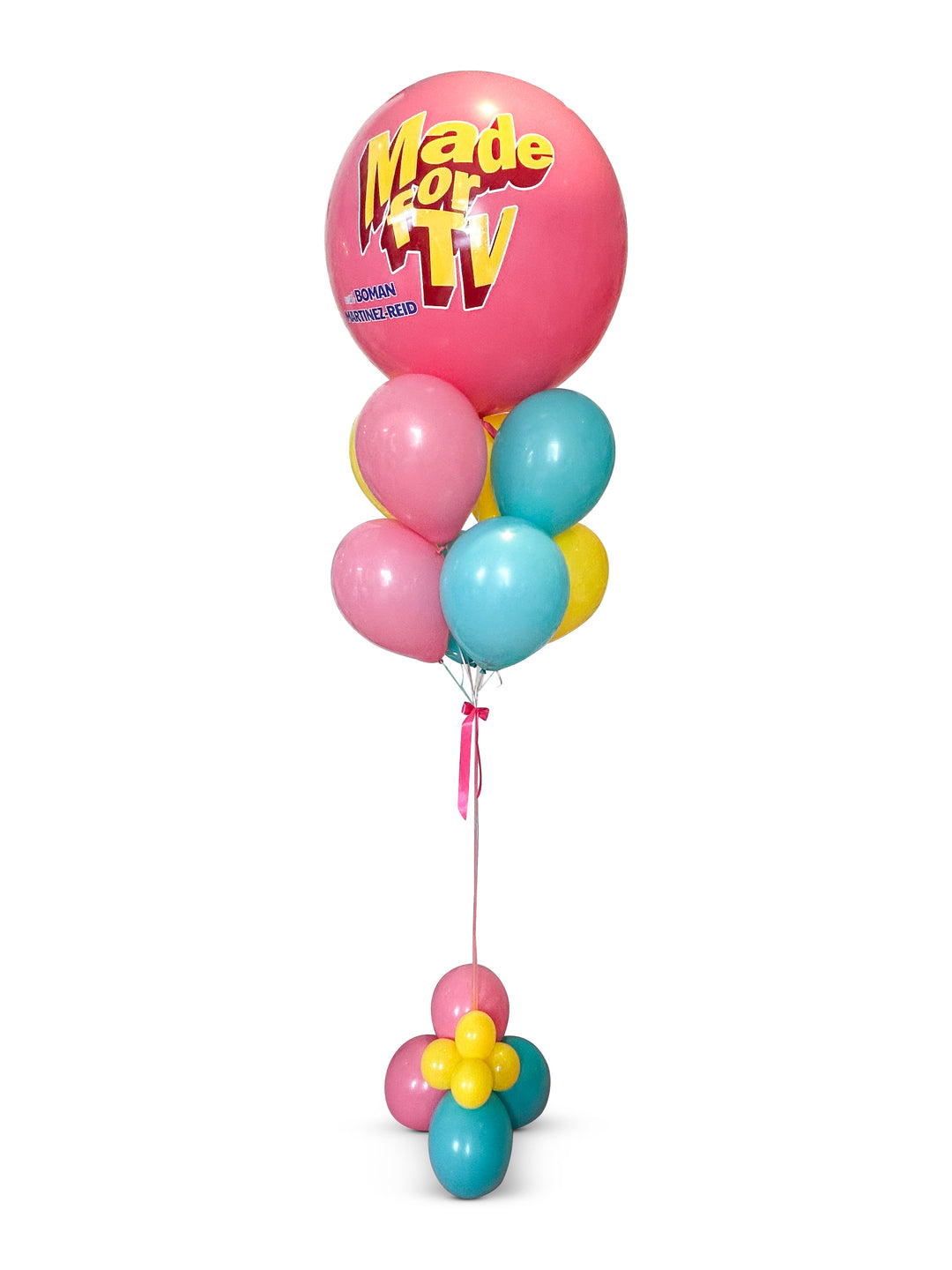 Jumbo custom logo/message balloons bouquet w/bubble cluster weight and thick ribbon