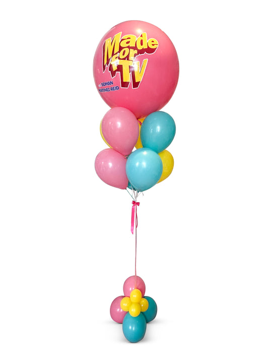 Jumbo custom logo/message balloons bouquet w/bubble cluster weight and thick ribbon