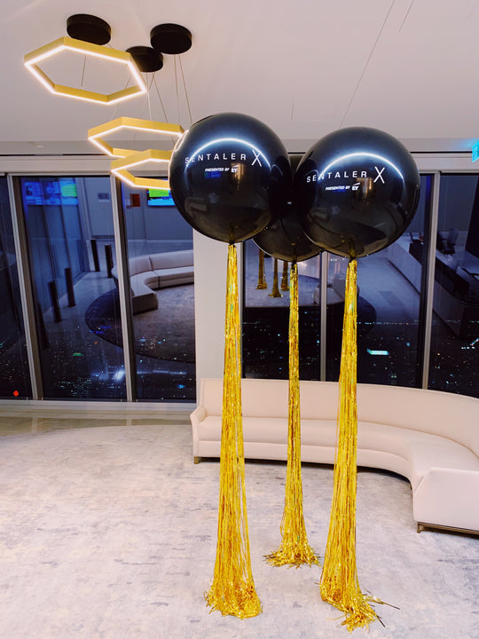 (Priced per balloon) Custom Branded 3ft Balloons with 8ft thick Tinsel Tails