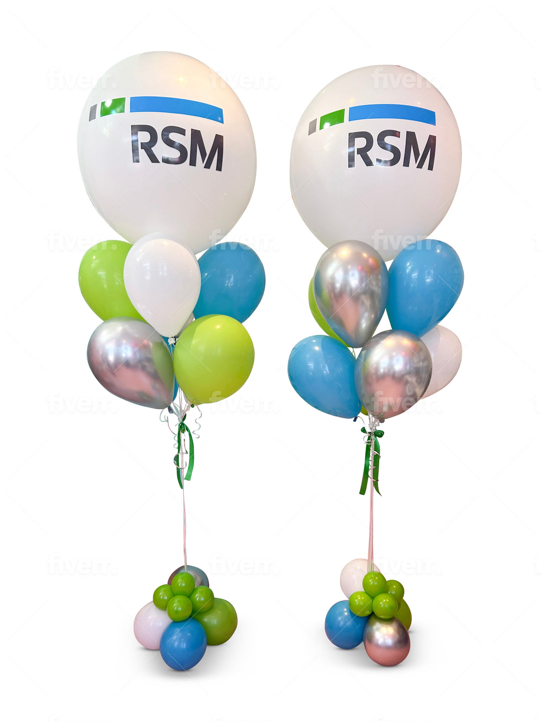 Jumbo custom logo/message balloons bouquet w/bubble cluster weight and thick ribbon