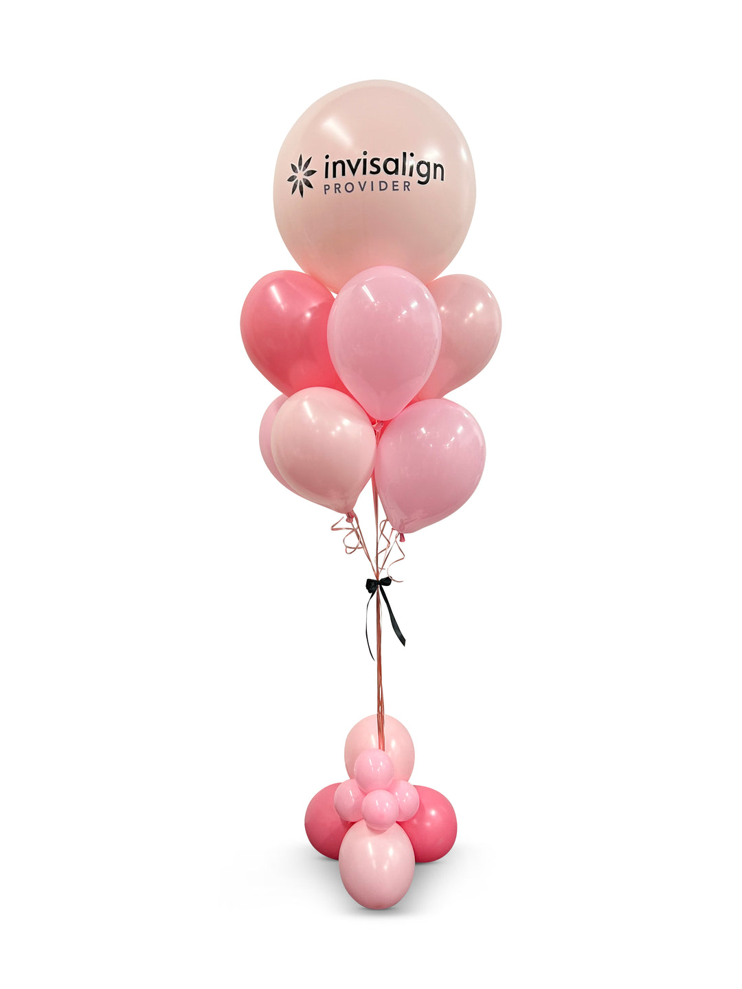 Jumbo custom logo/message balloons bouquet w/bubble cluster weight and thick ribbon