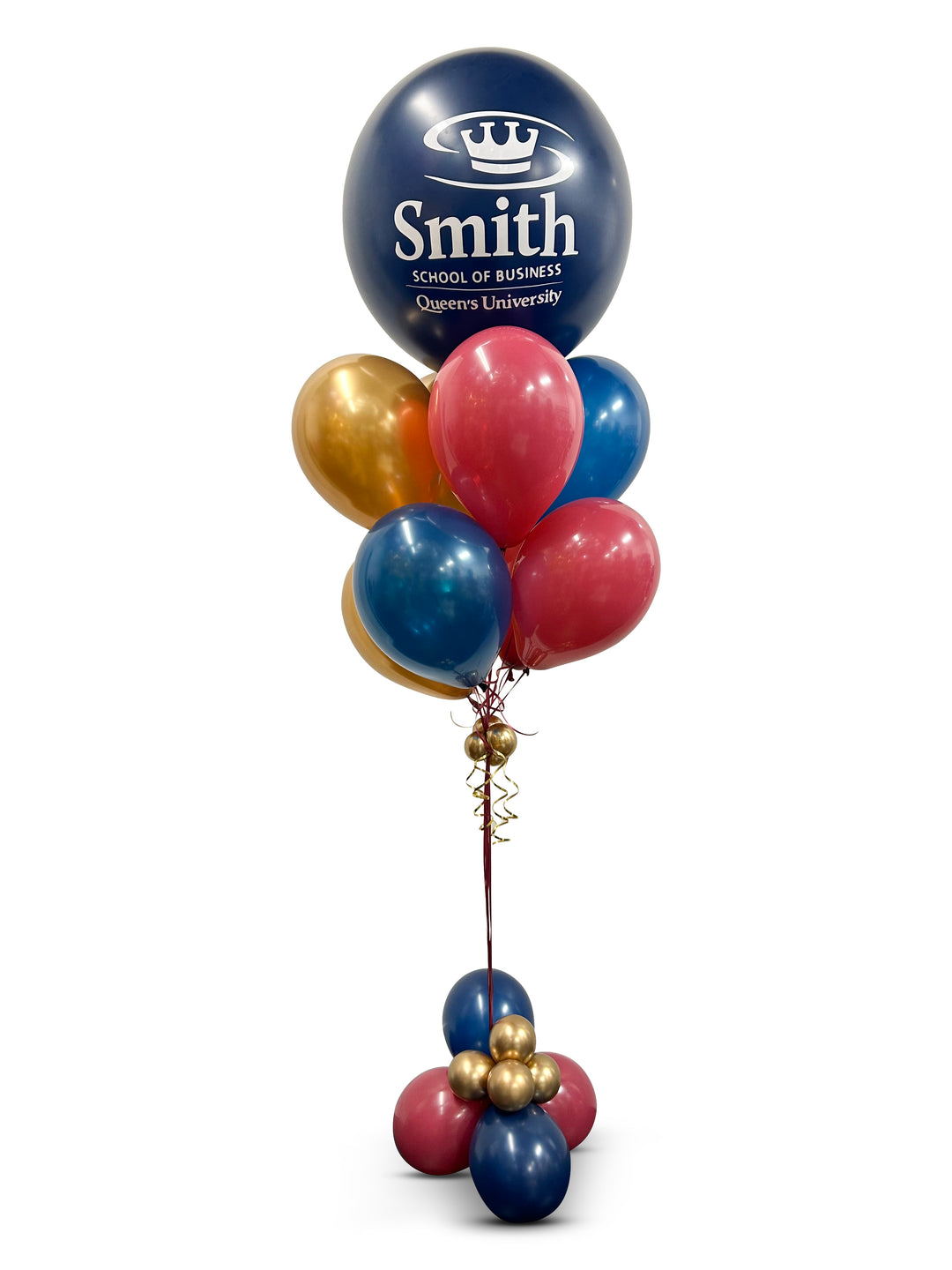 Jumbo custom logo/message balloons bouquet w/bubble cluster weight and thick ribbon