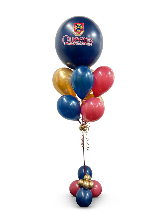 Jumbo custom logo/message balloons bouquet w/bubble cluster weight and thick ribbon