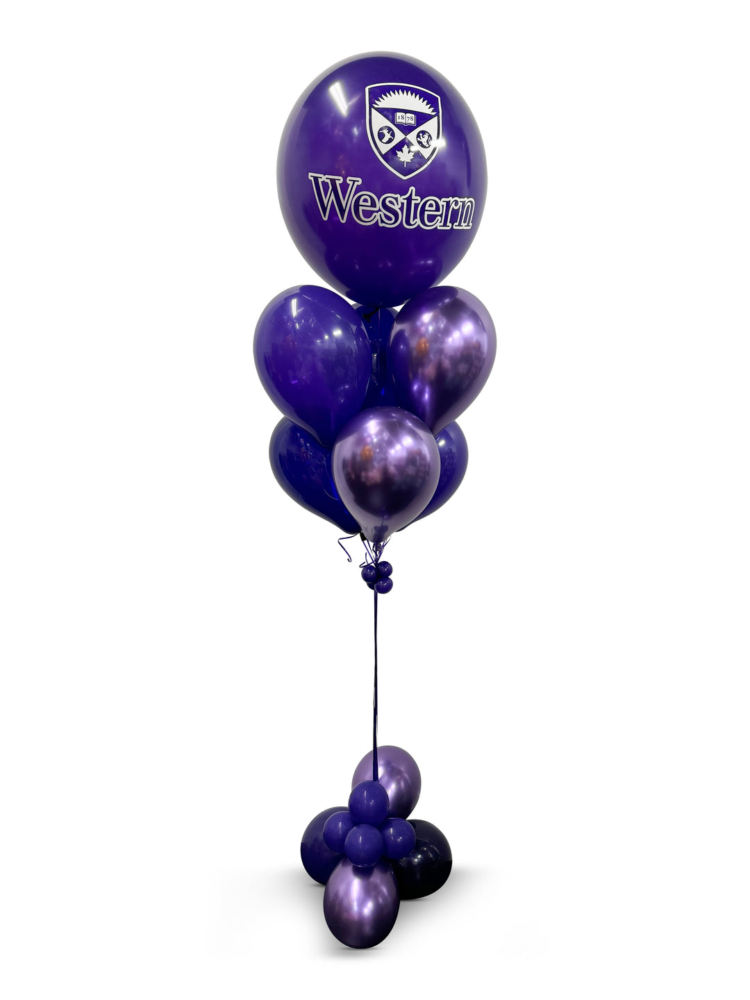 Jumbo custom logo/message balloons bouquet w/bubble cluster weight and thick ribbon